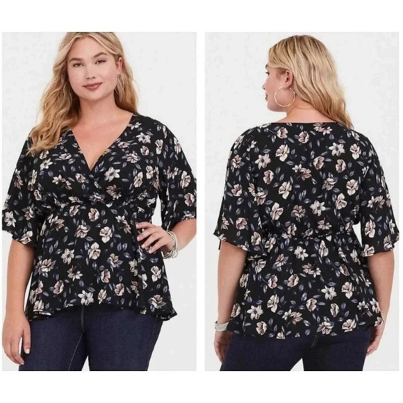 Torrid Womens Faux Wrap Babydoll Georgette Surplice Blouse Floral Black Sz 2 - Picture 1 of 12